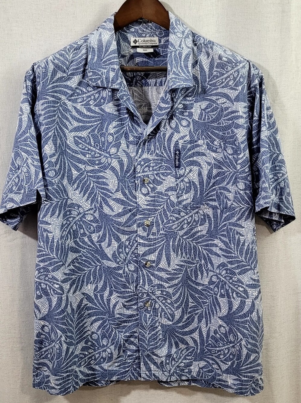Columbia Tropical Palm Leaf Hawaiian Camp Shirt Blue Cotton Blend XL